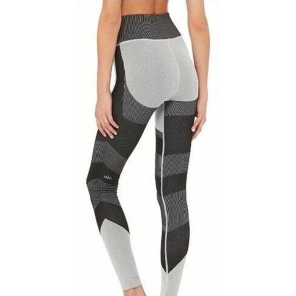 Alo Yoga High Waist Seamless Life Ribbed Black Grey Color-Block Leggings-sz Smal